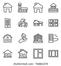 thin line icon set : home, mansion, cottage, skyscraper, modern architecture, house with garage, panel, real estate, office, hotel, window