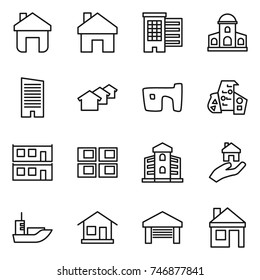 thin line icon set : home, houses, mansion, skyscraper, slum, modern architecture, modular house, panel, building, real estate, sea shipping, garage