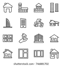 thin line icon set : home, mansion, cottage, skyscrapers, skyscraper, modern architecture, house with garage, panel, real estate, office, window