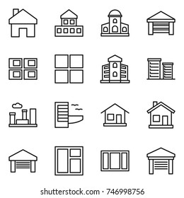 thin line icon set : home, cottage, mansion, garage, panel house, window, building, district, city, hotel
