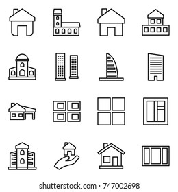 thin line icon set : home, mansion, cottage, skyscrapers, skyscraper, house with garage, panel, window, building, real estate