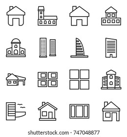 thin line icon set : home, mansion, cottage, skyscrapers, skyscraper, house with garage, panel, window, building, hotel