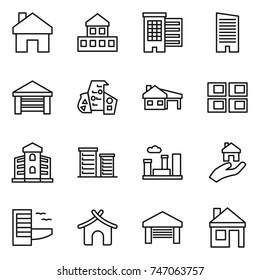 thin line icon set : home, cottage, houses, skyscraper, garage, modern architecture, house with, panel, building, district, city, real estate, hotel, bungalow
