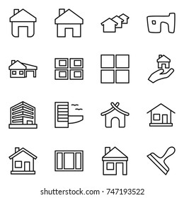 thin line icon set : home, houses, slum, house with garage, panel, window, real estate, office, hotel, bungalow, scraper