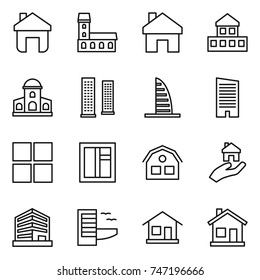 thin line icon set : home, mansion, cottage, skyscrapers, skyscraper, window, house, real estate, office, hotel