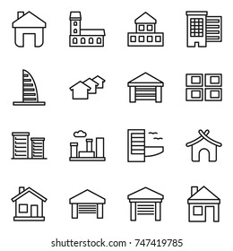 thin line icon set : home, mansion, cottage, houses, skyscraper, garage, panel house, district, city, hotel, bungalow