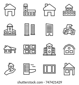 thin line icon set : home, mansion, cottage, skyscrapers, skyscraper, modern architecture, house with garage, panel, building, real estate, hotel, window