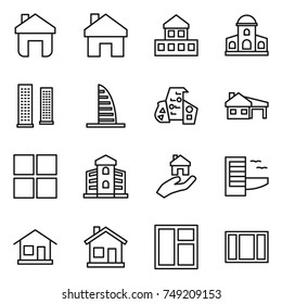 thin line icon set : home, cottage, mansion, skyscrapers, skyscraper, modern architecture, house with garage, window, building, real estate, hotel