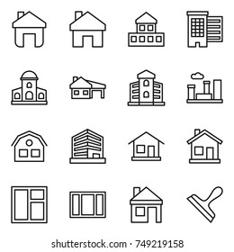 thin line icon set : home, cottage, houses, mansion, house with garage, building, city, office, window, scraper