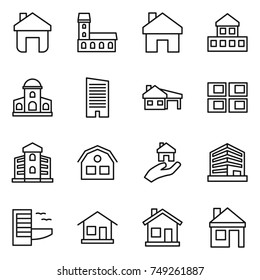 thin line icon set : home, mansion, cottage, skyscraper, house with garage, panel, building, real estate, office, hotel