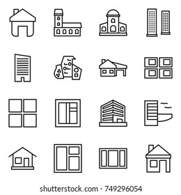 thin line icon set : home, mansion, skyscrapers, skyscraper, modern architecture, house with garage, panel, window, office, hotel