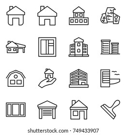 thin line icon set : home, cottage, modern architecture, house with garage, window, building, district, real estate, office, hotel, scraper