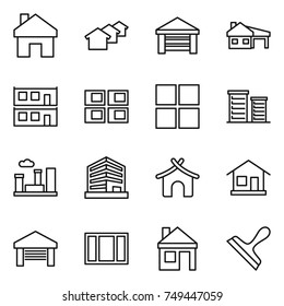 thin line icon set : home, houses, garage, house with, modular, panel, window, district, city, office, bungalow, scraper