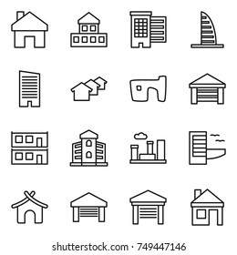 thin line icon set : home, cottage, houses, skyscraper, slum, garage, modular house, building, city, hotel, bungalow