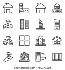 thin line icon set : home, mansion, cottage, skyscrapers, skyscraper, modern architecture, window, building, house, real estate, office, hotel
