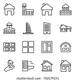 thin line icon set : home, mansion, cottage, skyscraper, house with garage, panel, window, real estate, hotel