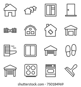 Thin Line Icon Set : Home, Houses, Window, Door, School, House, Smart, Warehouse, Hotel, Power Switch, Garage, Slippers, Hob, Oven, Scraper