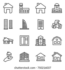 thin line icon set : home, mansion, skyscrapers, skyscraper, modern architecture, house with garage, window, building, real estate, office