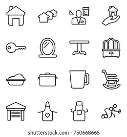thin line icon set : home, houses, architector, real estate, key, mirror, table, dresser, washing, pan, cup, rocking chair, garage, apron, vacuum cleaner