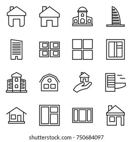 thin line icon set : home, mansion, skyscraper, panel house, window, building, real estate, hotel