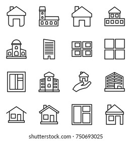 thin line icon set : home, mansion, cottage, skyscraper, panel house, window, building, real estate, office