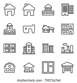 thin line icon set : home, cottage, houses, mansion, slum, house with garage, modular, panel, building, district, city, window