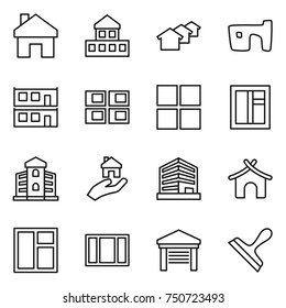 thin line icon set : home, cottage, houses, slum, modular house, panel, window, building, real estate, office, bungalow, garage, scraper