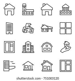 thin line icon set : home, mansion, cottage, skyscraper, modern architecture, house with garage, window, building, real estate, hotel