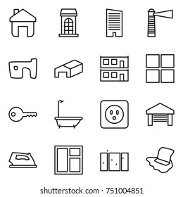 thin line icon set : home, building, skyscraper, lighthouse, slum, warehouse, modular house, window, key, bath, power socket, garage, iron, clean, floor washing
