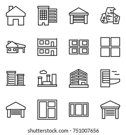 thin line icon set : home, houses, garage, modern architecture, house with, modular, panel, window, district, city, office, hotel