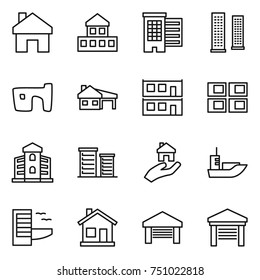 thin line icon set : home, cottage, houses, skyscrapers, slum, house with garage, modular, panel, building, district, real estate, sea shipping, hotel
