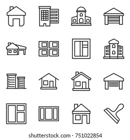 thin line icon set : home, houses, mansion, garage, house with, panel, window, building, district, scraper