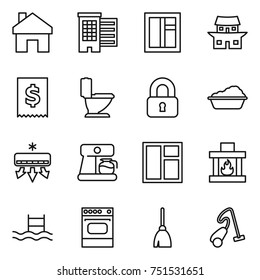 thin line icon set : home, houses, window, japanese house, tax, toilet, locked, washing, air conditioning, coffee maker, fireplace, pool, oven, broom, vacuum cleaner