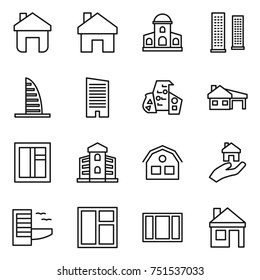 thin line icon set : home, mansion, skyscrapers, skyscraper, modern architecture, house with garage, window, building, real estate, hotel
