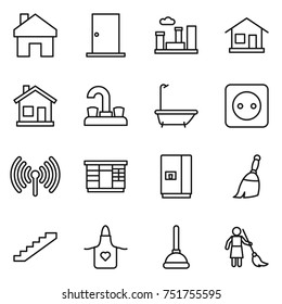 thin line icon set : home, door, city, water tap, bath, power socket, wireless, wardrobe, fridge, broom, stairs, apron, plunger, brooming