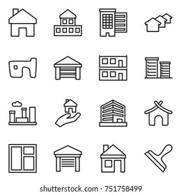 thin line icon set : home, cottage, houses, slum, garage, modular house, district, city, real estate, office, bungalow, window, scraper