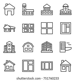 thin line icon set : home, mansion, cottage, house with garage, panel, window, building, office, hotel