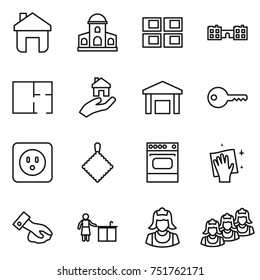 thin line icon set : home, mansion, panel house, school, plan, real estate, warehouse, key, power socket, rag, oven, wiping, kitchen cleaning, cleaner, outsource