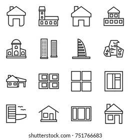 thin line icon set : home, mansion, cottage, skyscrapers, skyscraper, modern architecture, house with garage, panel, window, hotel