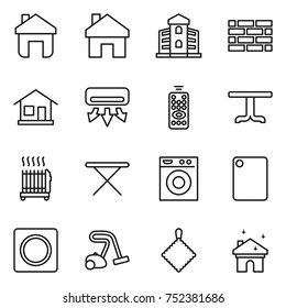 thin line icon set : home, building, brick wall, air conditioning, remote control, table, radiator, iron board, washing machine, cutting, ring button, vacuum cleaner, rag, house cleaning
