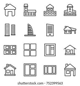 thin line icon set : home, mansion, cottage, skyscrapers, skyscraper, house with garage, panel, window