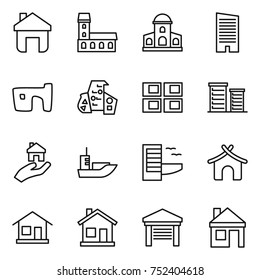 thin line icon set : home, mansion, skyscraper, slum, modern architecture, panel house, district, real estate, sea shipping, hotel, bungalow, garage