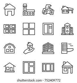thin line icon set : home, mansion, modern architecture, house with garage, panel, window, building, real estate, office, hotel