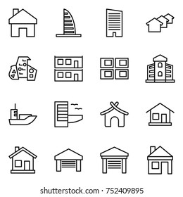 thin line icon set : home, skyscraper, houses, modern architecture, modular house, panel, building, sea shipping, hotel, bungalow, garage