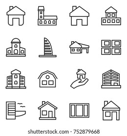 thin line icon set : home, mansion, cottage, skyscraper, house with garage, panel, building, real estate, office, hotel, window