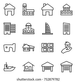 thin line icon set : home, mansion, cottage, houses, skyscraper, slum, house with garage, panel, real estate, sea shipping