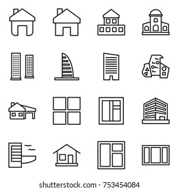 thin line icon set : home, cottage, mansion, skyscrapers, skyscraper, modern architecture, house with garage, window, office, hotel