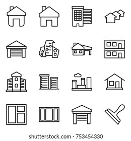 thin line icon set : home, houses, garage, modern architecture, house with, modular, building, district, city, window, scraper