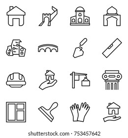 thin line icon set : home, greate wall, mansion, minaret, modern architecture, bridge, construction, level, building helmet, real estate, loading, antique column, window, scraper, gloves, housing