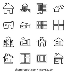 thin line icon set : home, cottage, houses, slum, house with garage, panel, window, building, city, bungalow